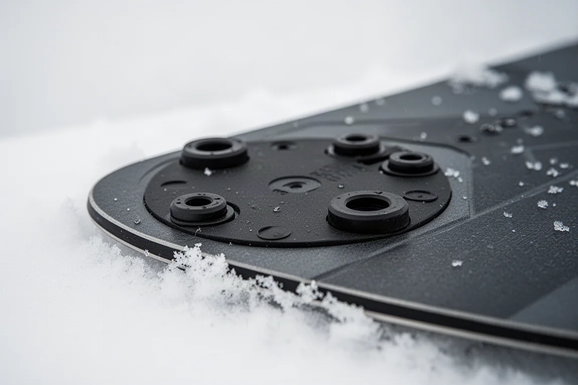 Nahaufnahme einer Baseplate mit Gummi-Bushing-Elementen auf Schnee