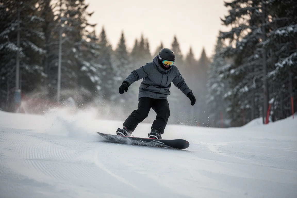 Snowboarder carvingt auf einer präparierten Piste und hinterlässt eine Schneewolke