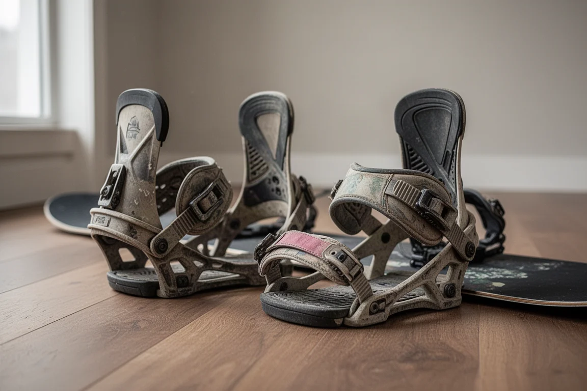 Abgenutzte alte Snowboard-Bindings auf einem hölzernen Garagenboden
