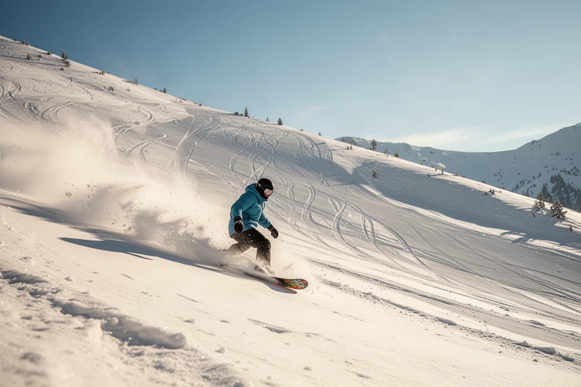 Snowboardeur qui carvene dans une neige douce et crémeuse par une journée ensoleillée en montagne