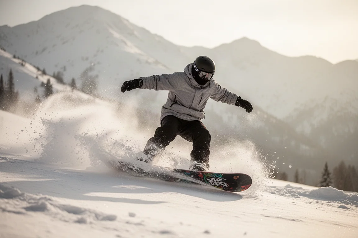 Snowboardeur réalisant un virage en slash joueux dans la neige molle et humide