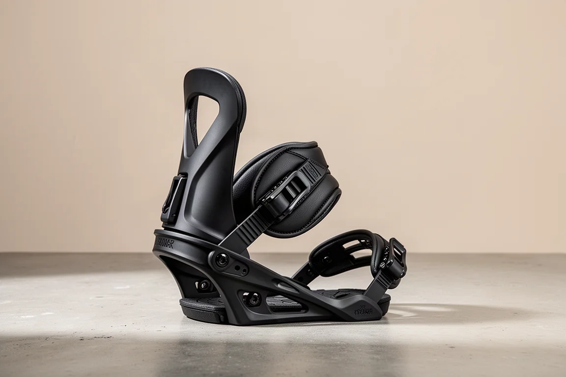 Union Strata snowboard binding in matte black on a concrete surface