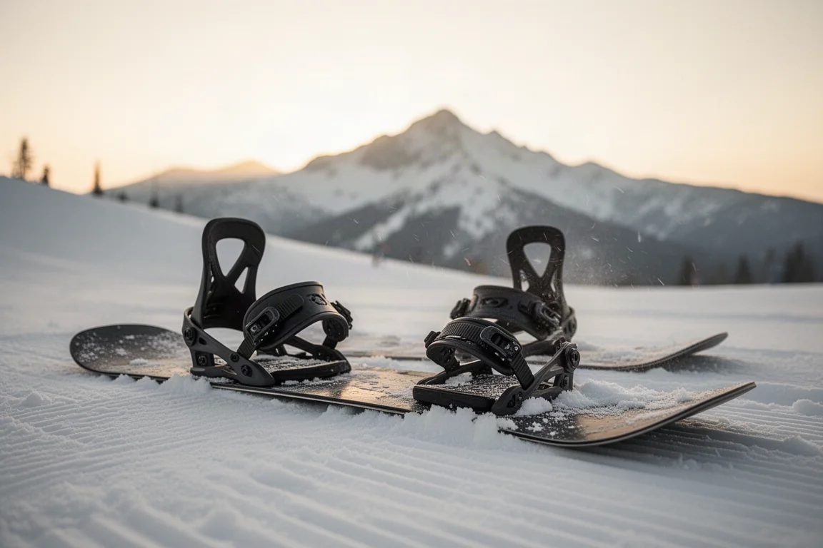 Attacchi da snowboard su una pista battuta all'ora dorata con texture di neve morbida