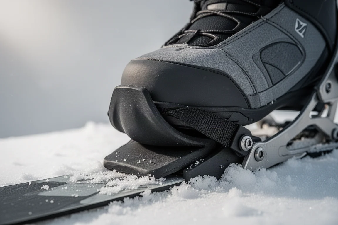 Punta di una scarpetta da snowboard premuta contro uno strap in gomma di un attacco