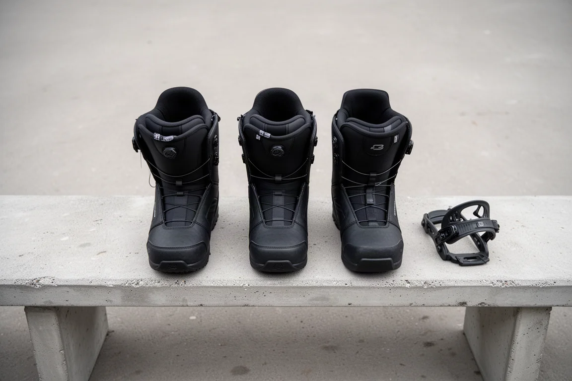 Tre scarpette da snowboard con punte diverse accanto a uno strap su una panca