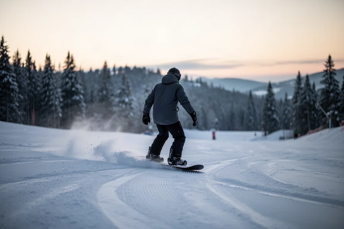 Snowboarder che traccia una pista battuta al tramonto con una linea di alpi sullo sfondo