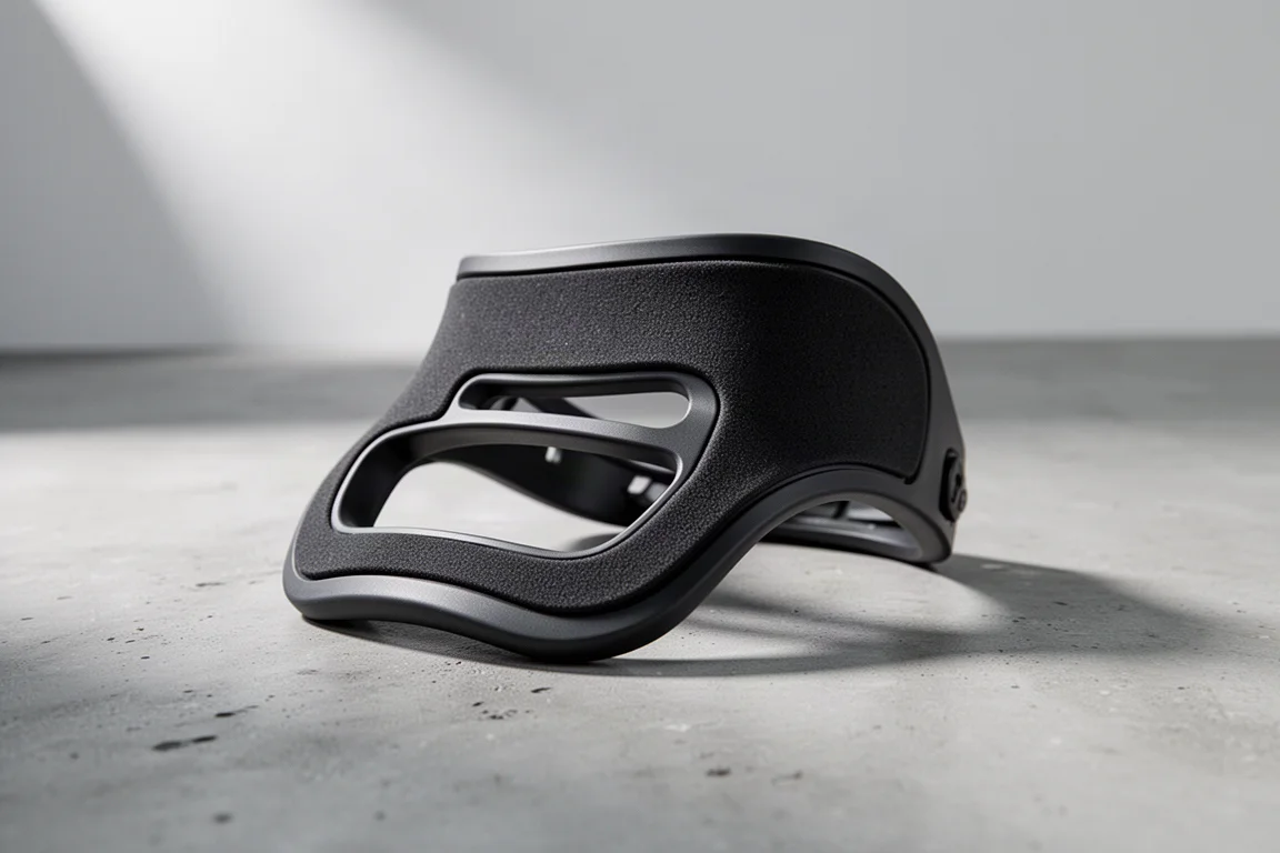 Matte black snowboard binding toe strap with rubber centre on a concrete surface