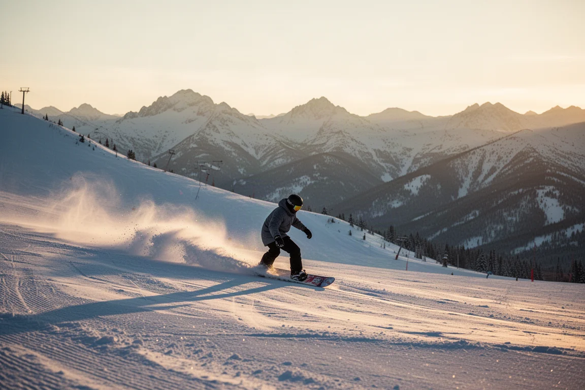Snowboarder carvt een geprepareerde piste tijdens het gouden uur met alpengraten op de achtergrond