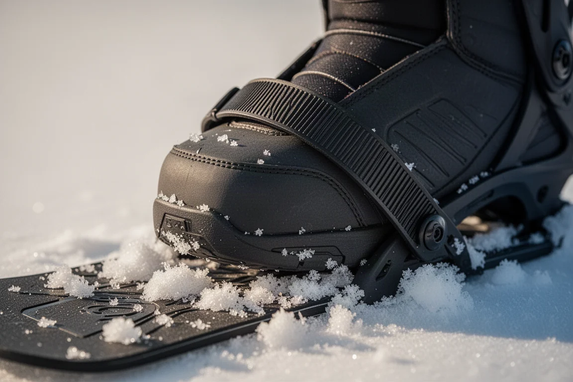 Close-up van een snowboardschoen die door een teenstrap van een binding wordt vastgehouden op aangedrukte sneeuw