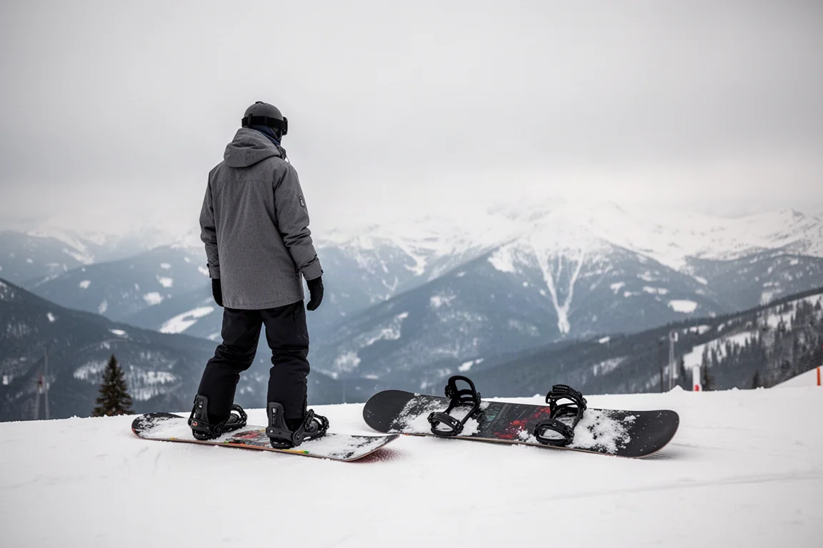 Snowboarder staat bovenaan een afdaling met het board op de sneeuw onder een bewolkte hemel
