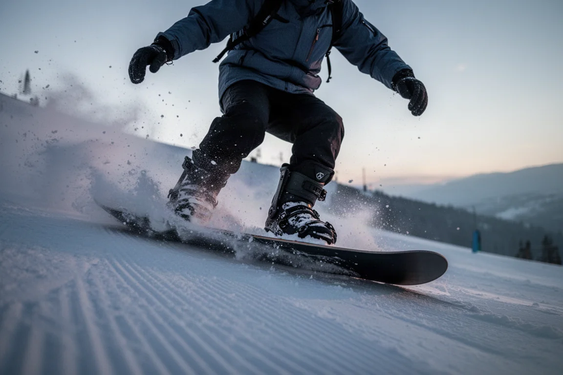 Snowboarder carvt een scherpe bocht in de schemering met sneeuwspuit rond het board