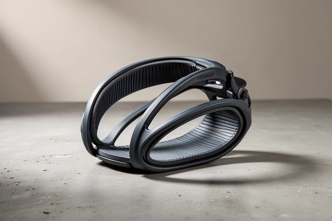 Two-piece snowboard binding toe strap with composite frame and rubber inner lining on concrete