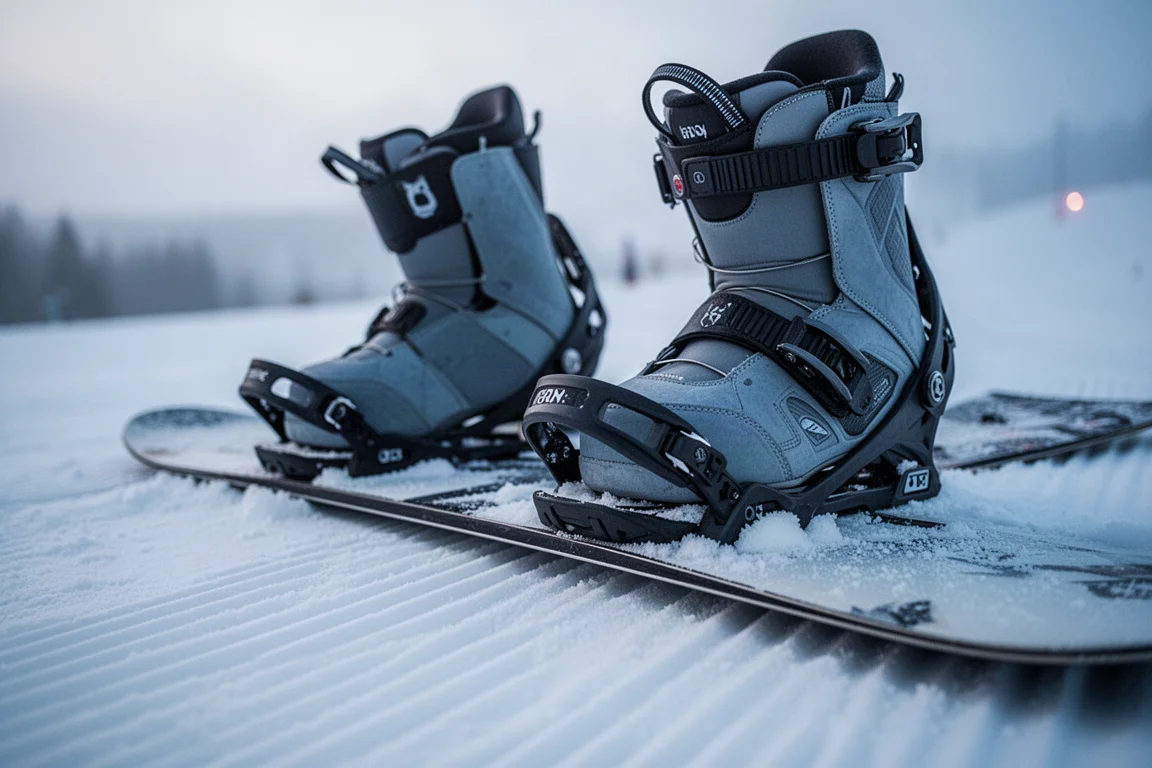 Buty snowboardowe zapięte w wiązaniach na przygotowanym stoku w miękkim porannym świetle