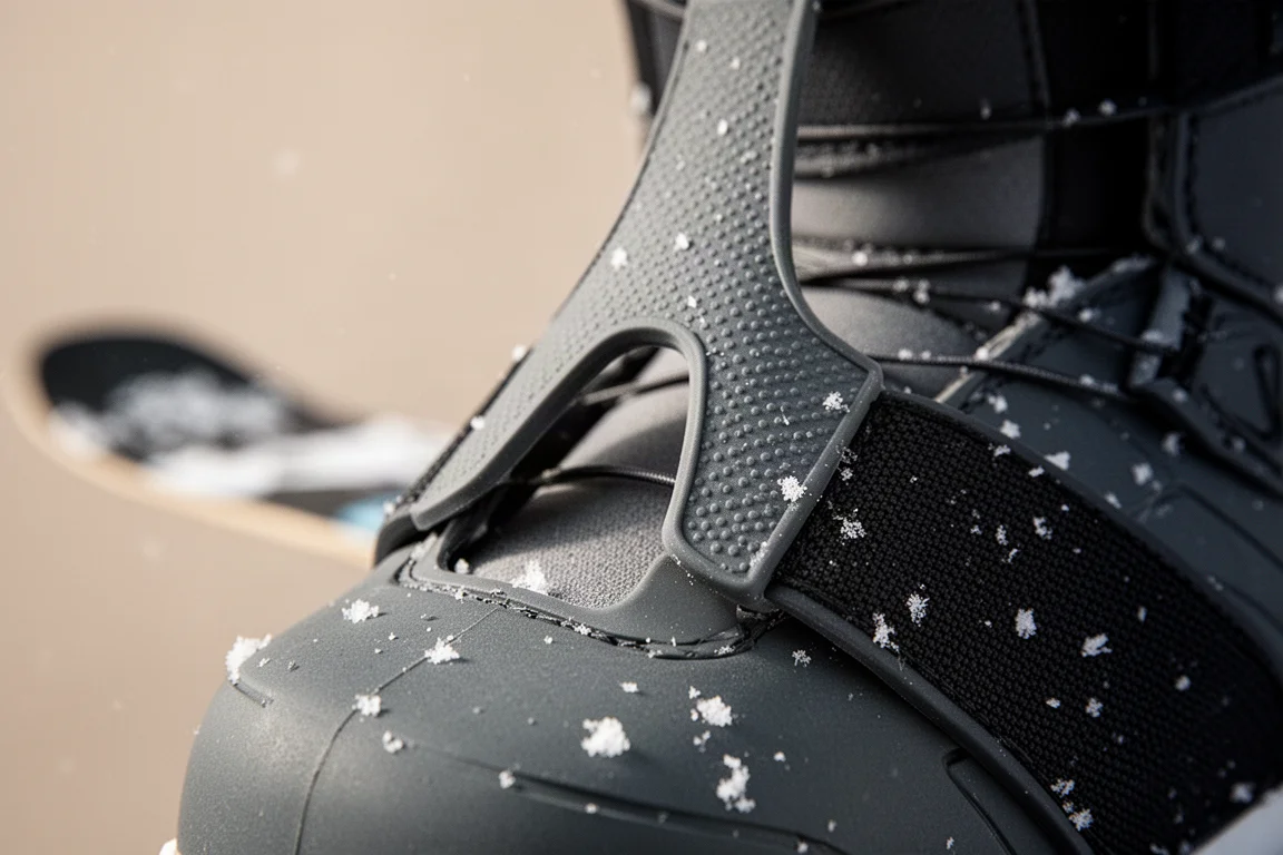 Zbliżenie na minimalistyczny gumowany pasek palcowy obejmujący przód buta snowboardowego