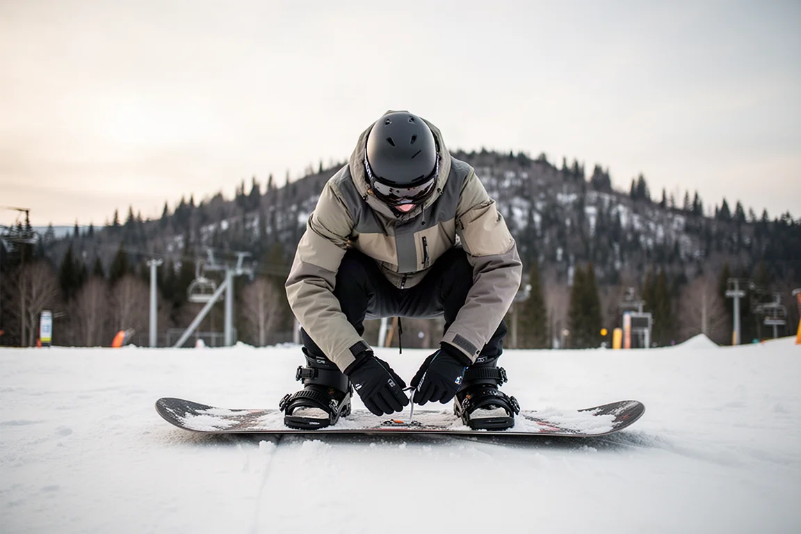 Rider regulujący wiązania snowboardowe na górze wyciągu w pogodny zimowy dzień