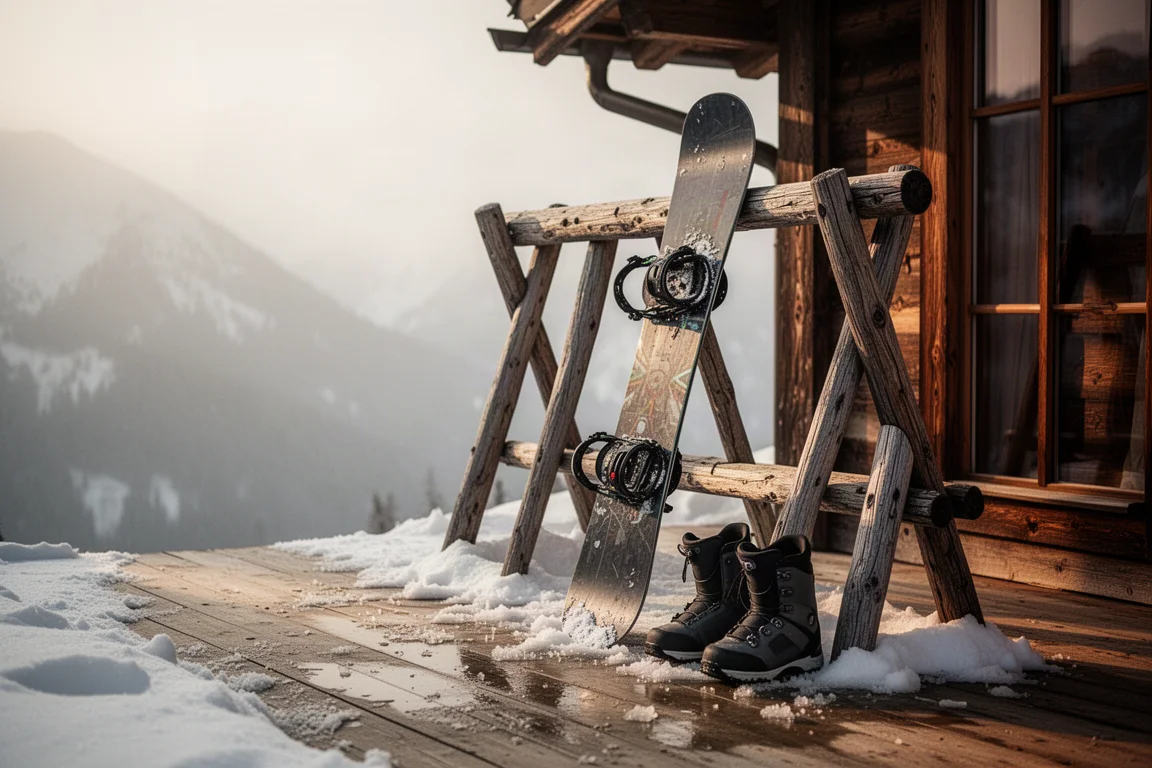 Snowboard oparty o stojak przed górskim schroniskiem w świetle późnego popołudnia