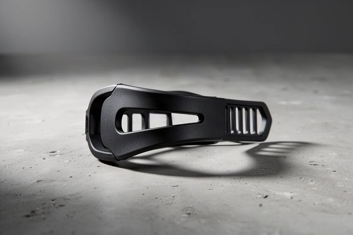 Minimal black snowboard binding toe strap with shaped cutout on a concrete surface