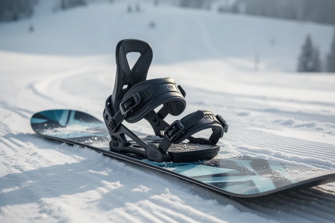 Binding snowboardowy na przygotowanym stoku z paskiem na palce owiniętym wokół buta