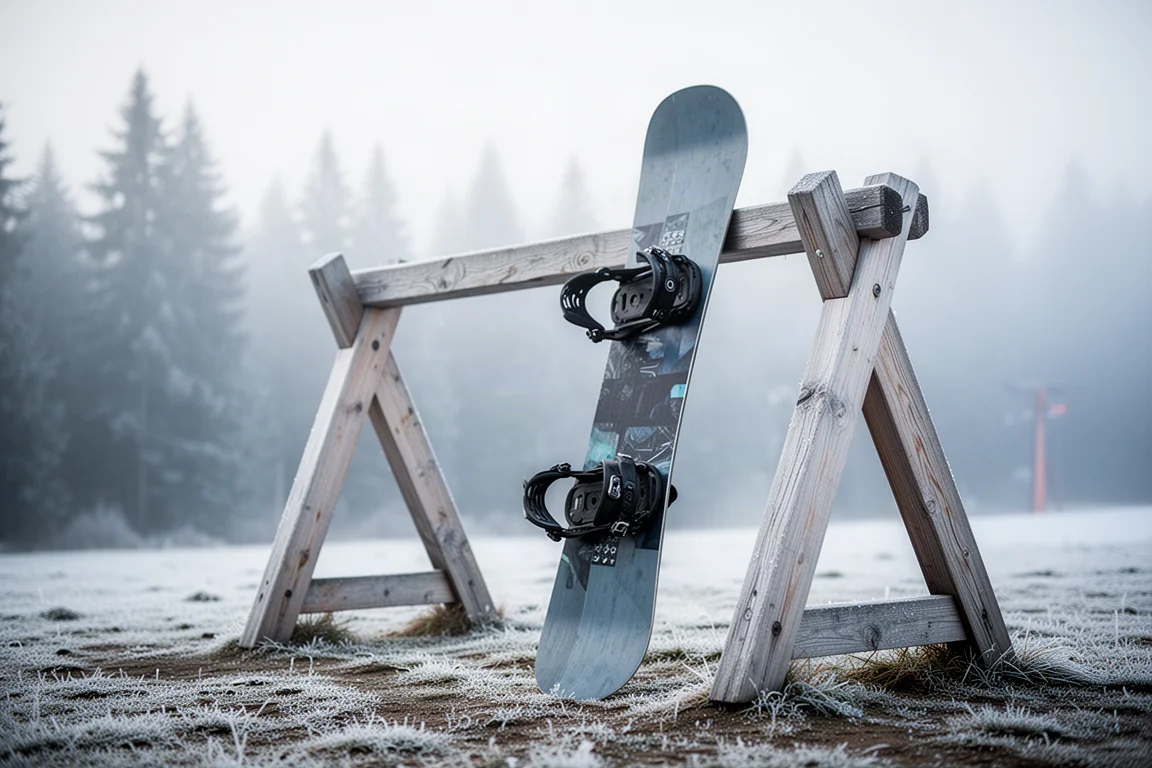 Deska snowboardowa oparta o drewniany stojak z widocznymi bindingami o świcie