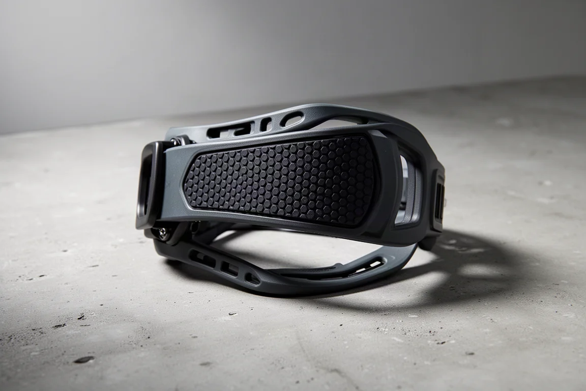 Snowboard binding toe strap with rubber hexagon centre panel on concrete surface
