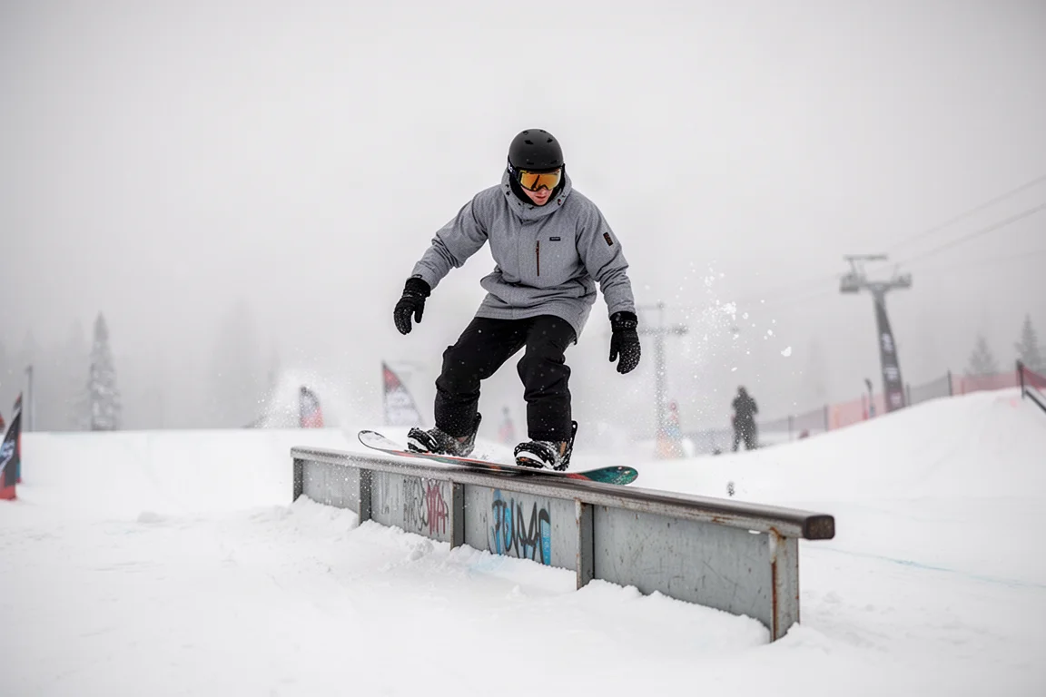 Snowboarder pressing on a rail in a snowboard park