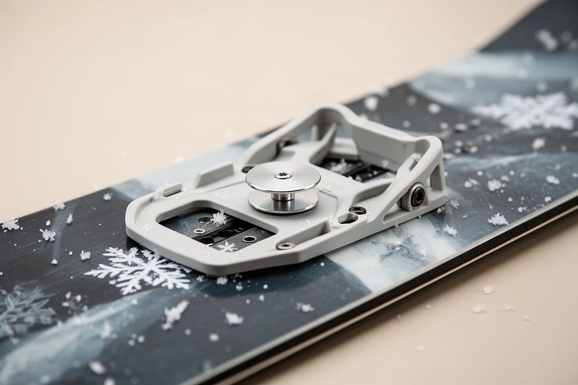 Close-up of a snowboard binding base plate on a board