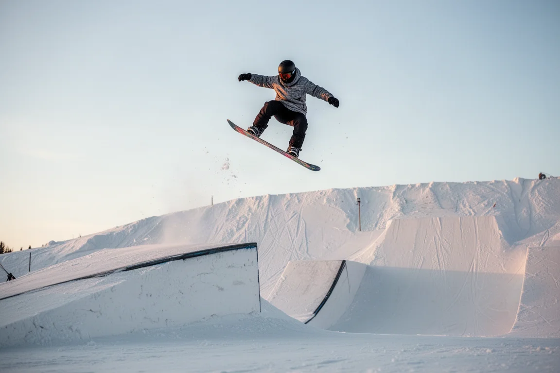 Rider mid-air above a park kicker with snowboard visible