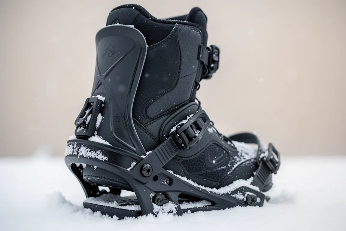 Snowboard-Boot-Ferse drückt im Pulverschnee gegen einen Binding-Highback