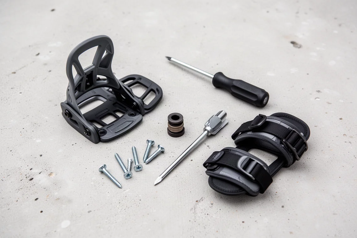 Binding-Hardware und Werkzeug flach auf einer Betonfläche ausgelegt