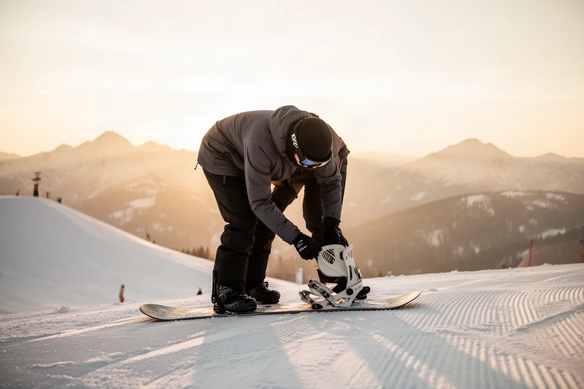 Snowboarder stellt den Highback einer hinteren Binding am Ende einer Piste ein