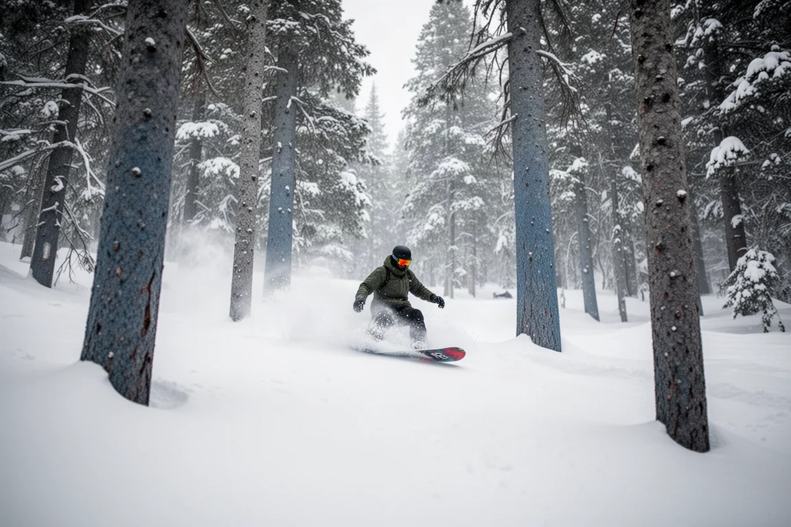 Snowboarder che scende tra gli alberi su neve fresca con luce invernale piatta e morbida