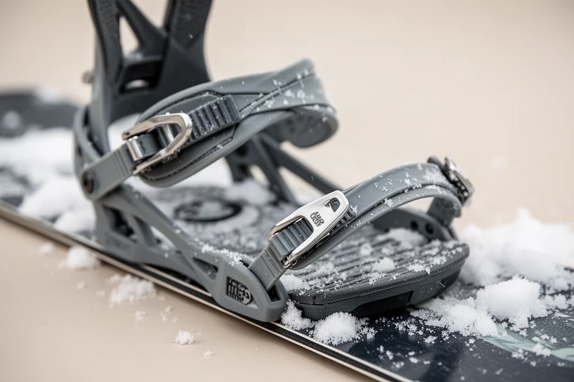 Dettaglio ravvicinato degli strap di un attacco snowboard e della leva a cricchetto con neve sulla superficie
