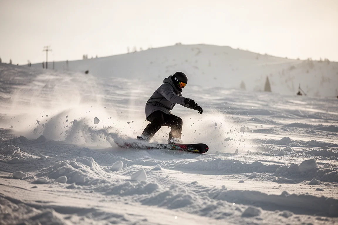 Snowboard che intaglia curve su neve spezzata e solcata con spruzzi che volano dal bordo