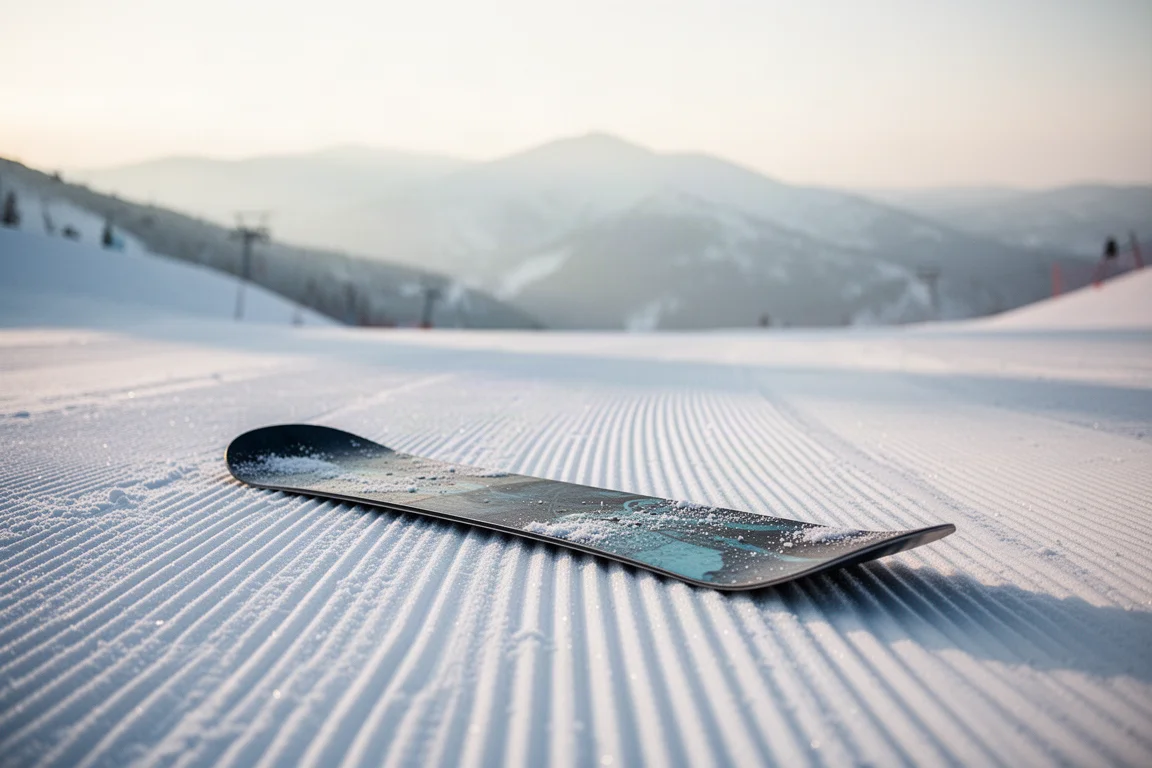 Snowboard appoggiato su corduroy appena battuto alle prime luci dell'alba