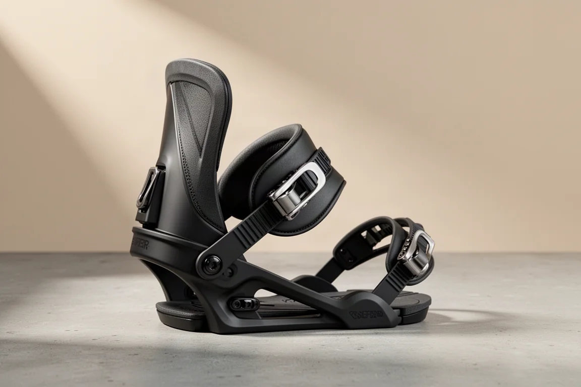 Matte black freestyle snowboard binding with mini disc and thin straps on a concrete surface