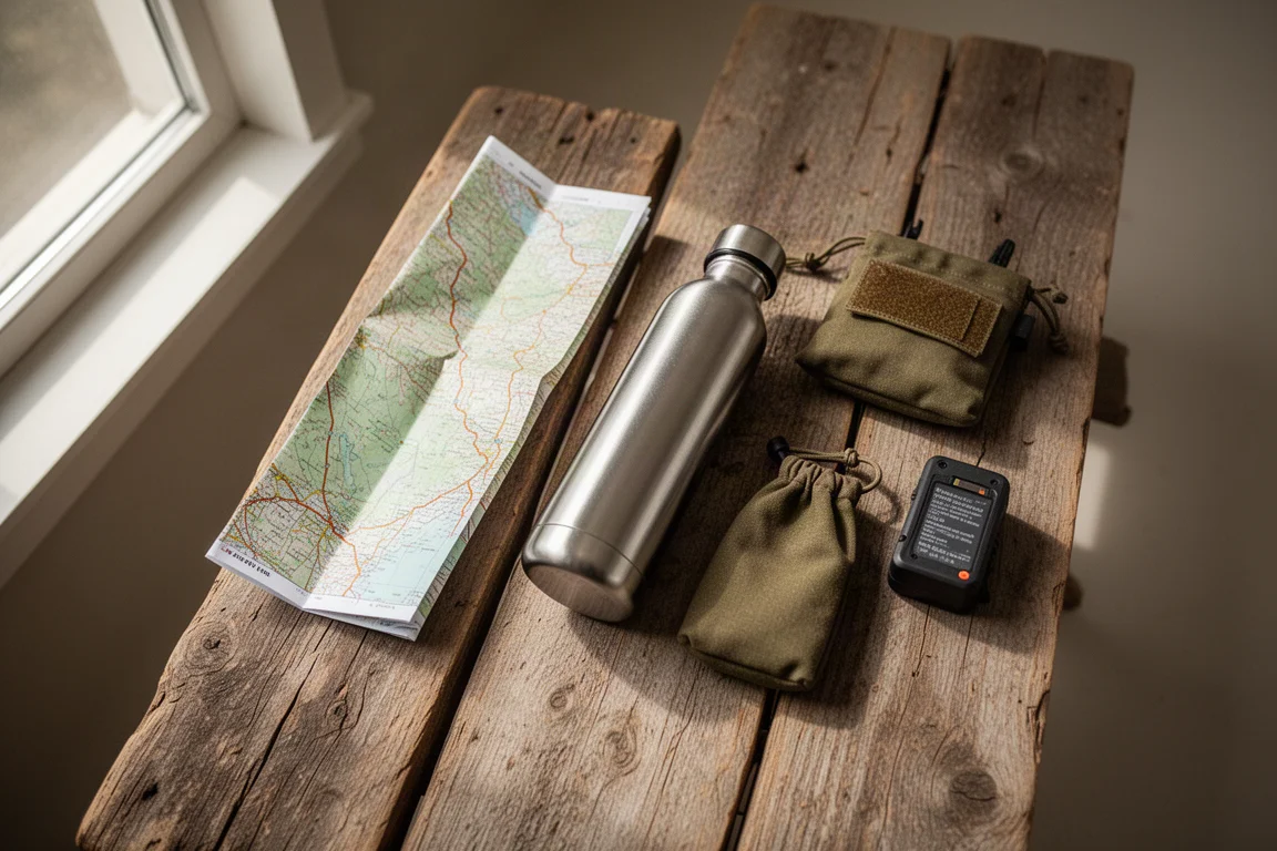 Overhead flat-lay of small hiking gear on a weathered concrete surface