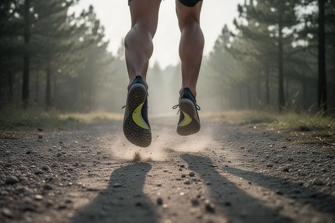 Trail running shoe on a granite boulder with an insole partly visible