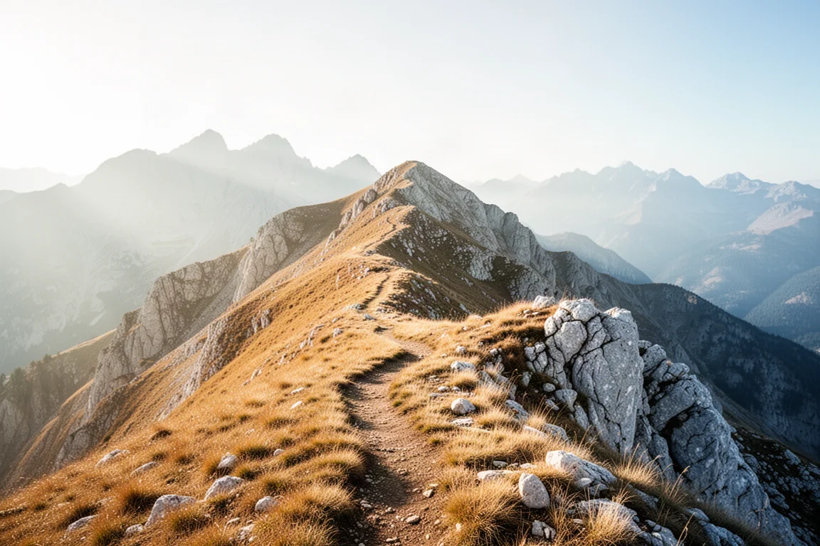 Rocky alpine ridge at sunrise with mist in the valley and a distant hiker