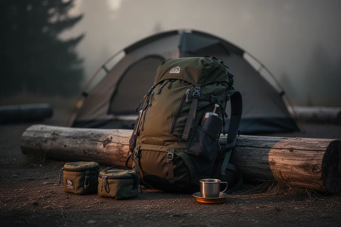 Loaded hiking backpack resting on a rock at a mountain trailhead at dawn