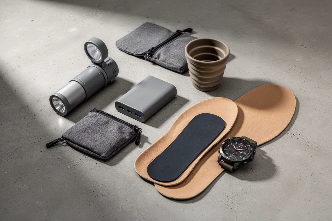 Flat-lay of small outdoor gear including power banks, barefoot shoes, insoles, watch, camp cup and toothpaste tablets