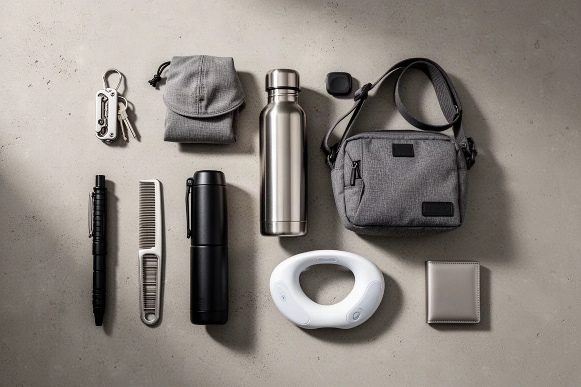 Eight everyday carry products arranged in a flat-lay on a concrete surface