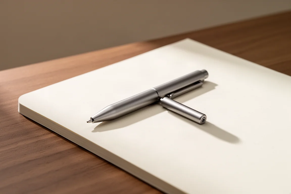 Pluma compacta de titanio apoyada sobre un cuaderno junto a equipo de everyday carry