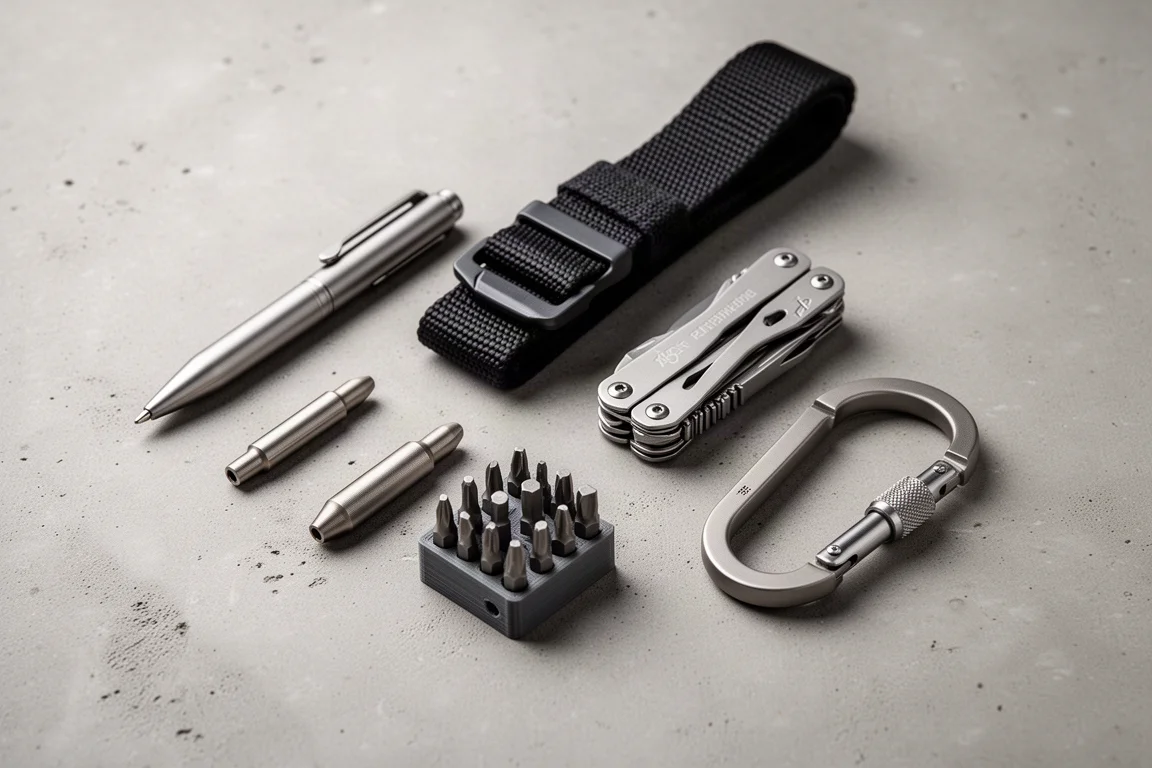 Flat Lay mit sieben Everyday-Carry-Items, darunter Stifte, ein Werkzeuggürtel, ein Multitool, ein Bit-Kit und ein Titanium-Karabiner