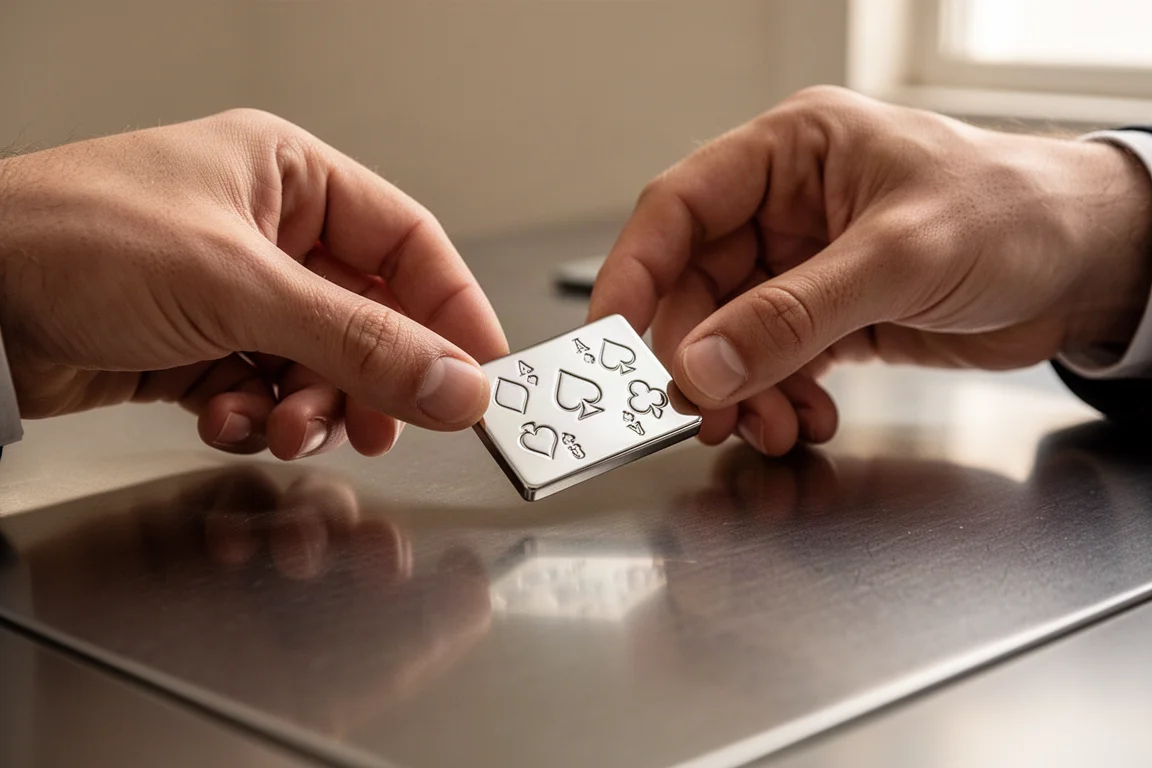 Hände spielen an einem Schreibtisch mit einer polierten metallischen Fidget-Kachel