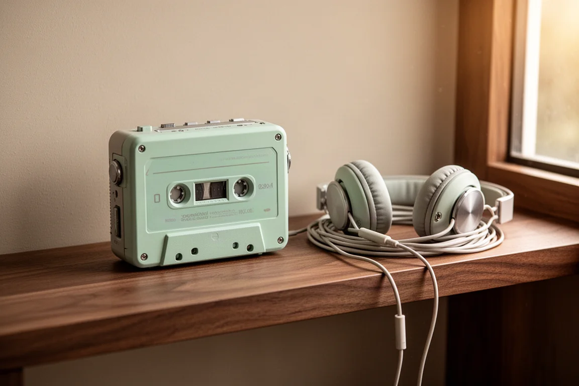 Ein Retro-Kassettenplayer auf einem Holzregal neben Kopfhörern