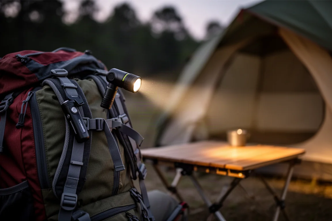 Eine kleine Winkelflashlight in der Dämmerung an einem Rucksackgurt befestigt