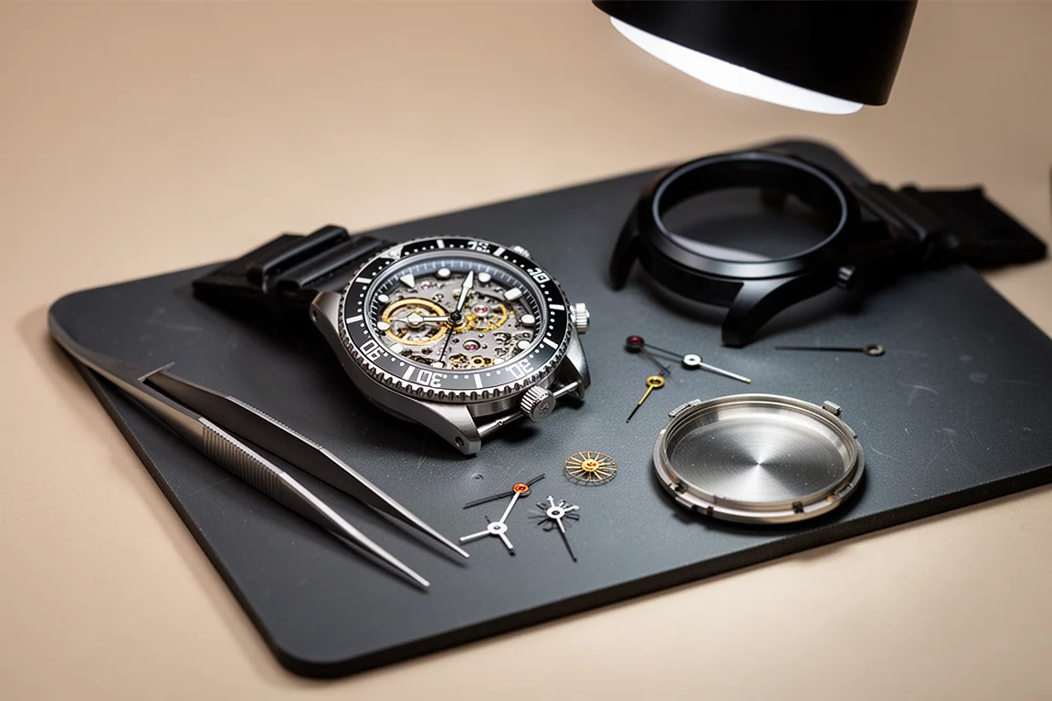 Ein teilweise zusammengesetztes mechanisches Uhrwerk einer Taucheruhr auf einer Uhrmacher Matte