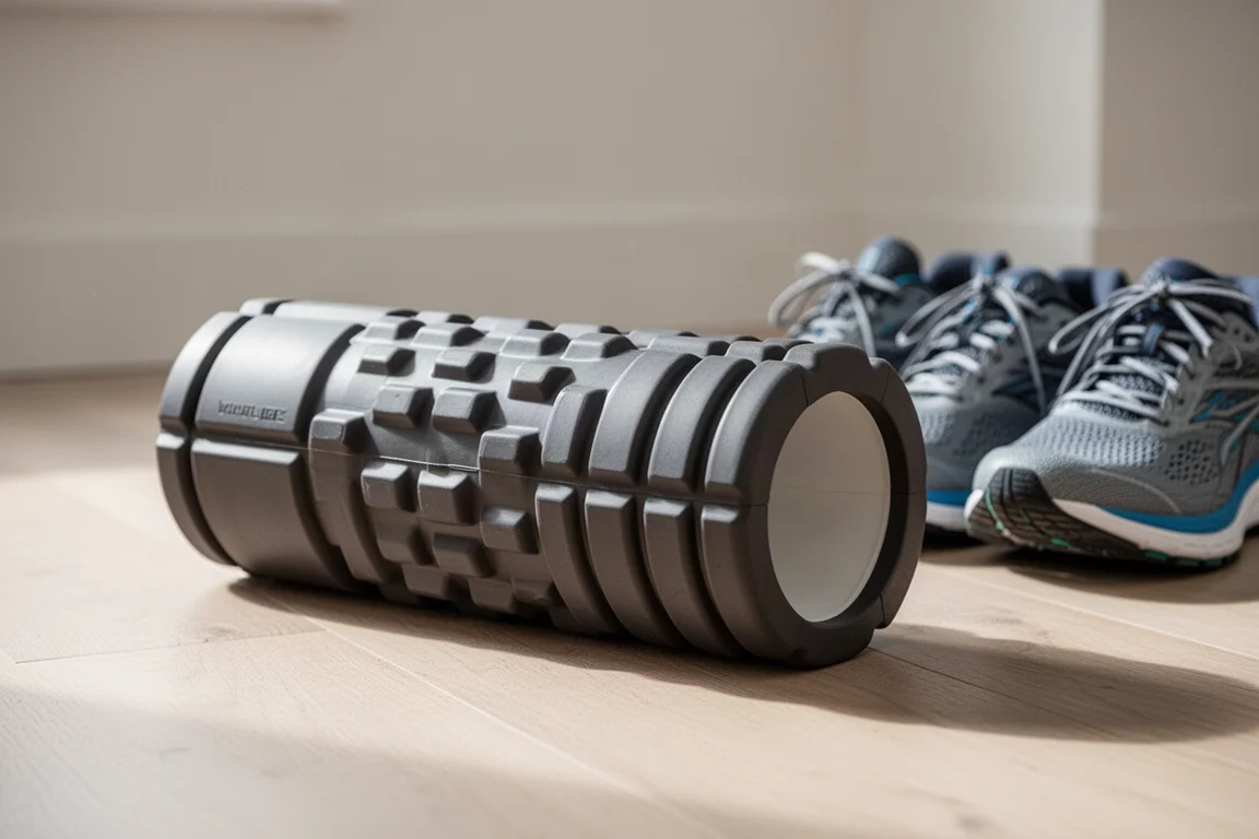 Närbild på en foam roller med texturerad yta som ligger på ett vardagsrumsgolv
