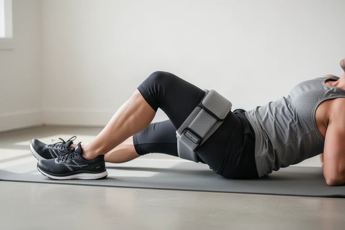 Löpare gör ett clamshell-bandövning på en yogamatta