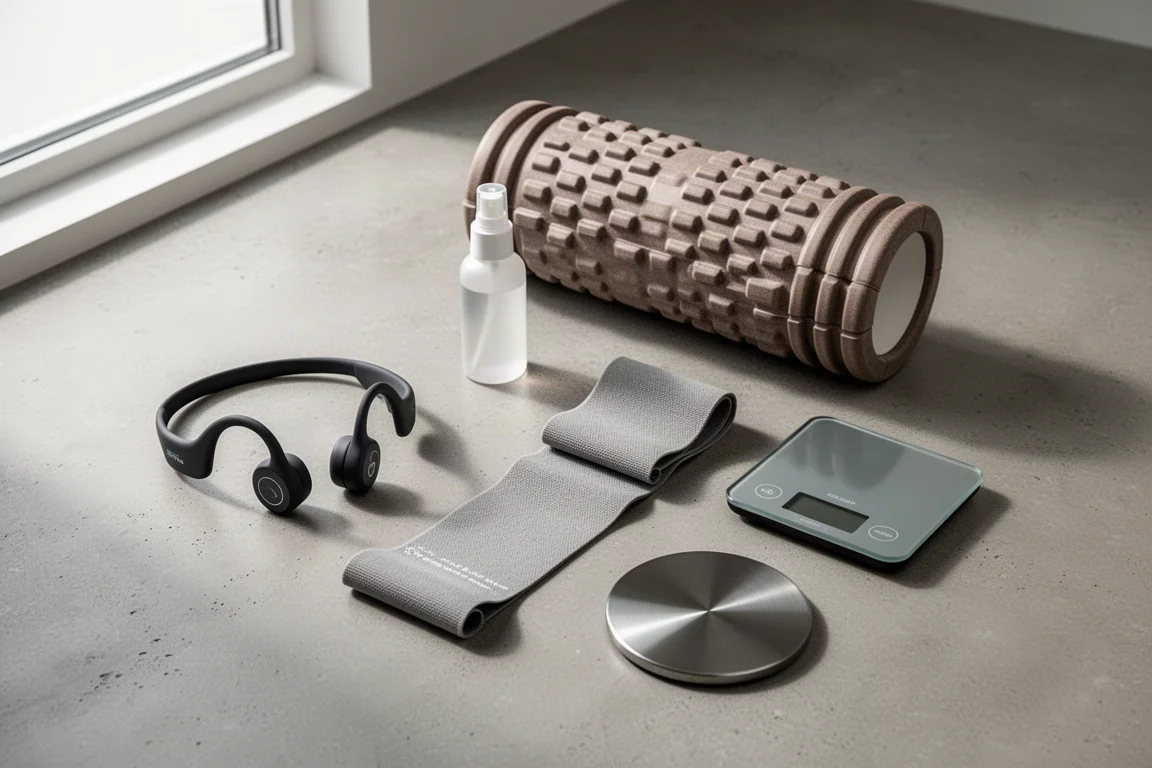 Flat-lay of runner gift items including headphones, foam roller, spray bottle, band, scale, and metal coaster